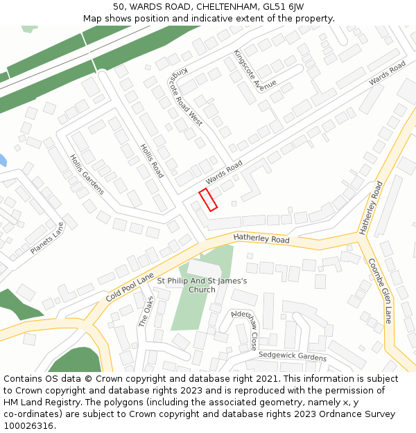 50, WARDS ROAD, CHELTENHAM, GL51 6JW: Location map and indicative extent of plot