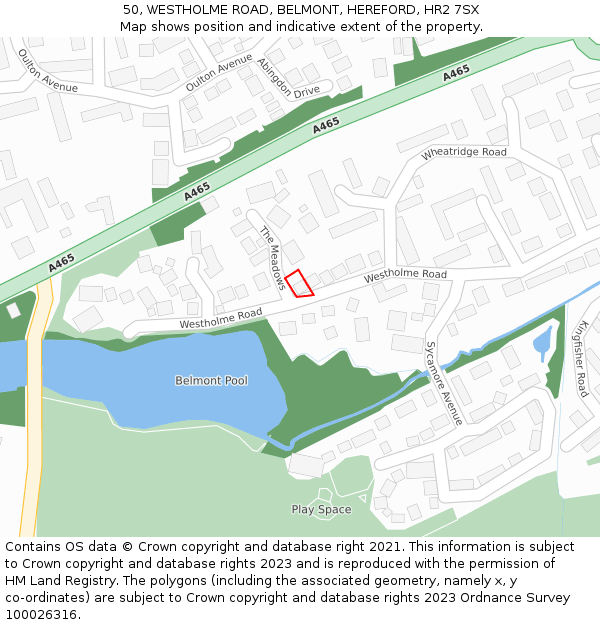 50, WESTHOLME ROAD, BELMONT, HEREFORD, HR2 7SX: Location map and indicative extent of plot