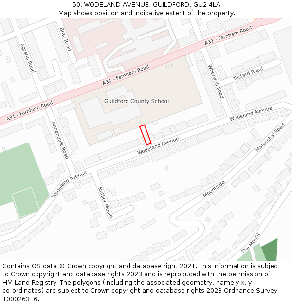 50, WODELAND AVENUE, GUILDFORD, GU2 4LA: Location map and indicative extent of plot