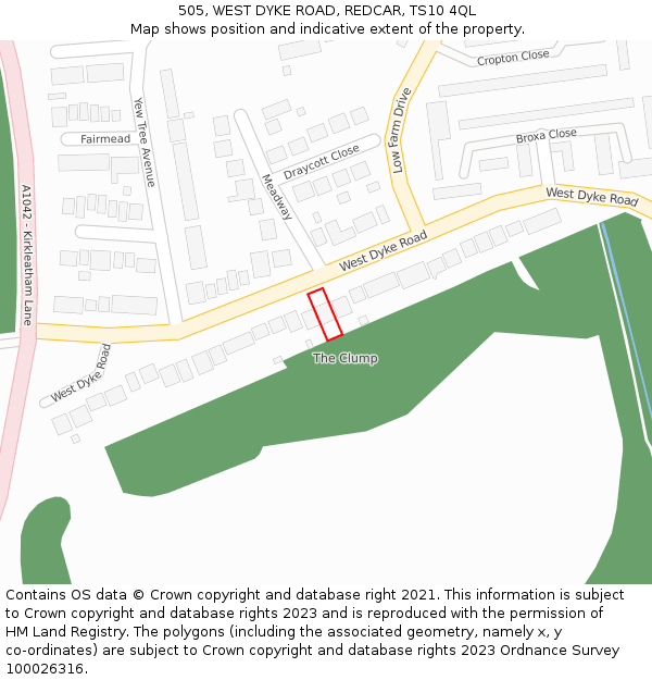 505, WEST DYKE ROAD, REDCAR, TS10 4QL: Location map and indicative extent of plot