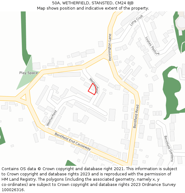 50A, WETHERFIELD, STANSTED, CM24 8JB: Location map and indicative extent of plot