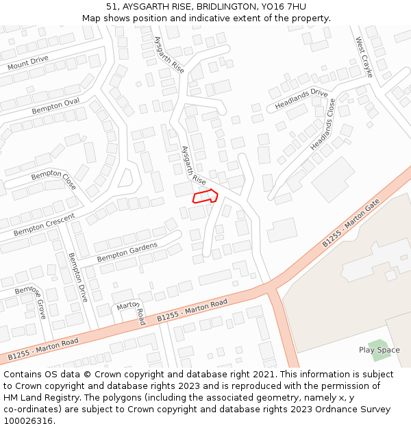51, AYSGARTH RISE, BRIDLINGTON, YO16 7HU: Location map and indicative extent of plot