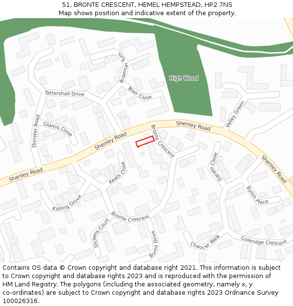 51, BRONTE CRESCENT, HEMEL HEMPSTEAD, HP2 7NS: Location map and indicative extent of plot