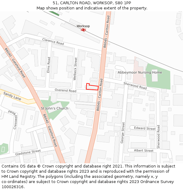 51, CARLTON ROAD, WORKSOP, S80 1PP: Location map and indicative extent of plot