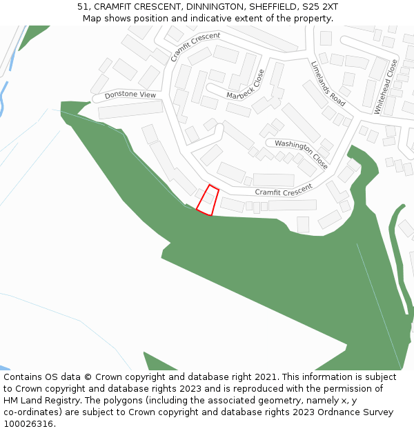 51, CRAMFIT CRESCENT, DINNINGTON, SHEFFIELD, S25 2XT: Location map and indicative extent of plot