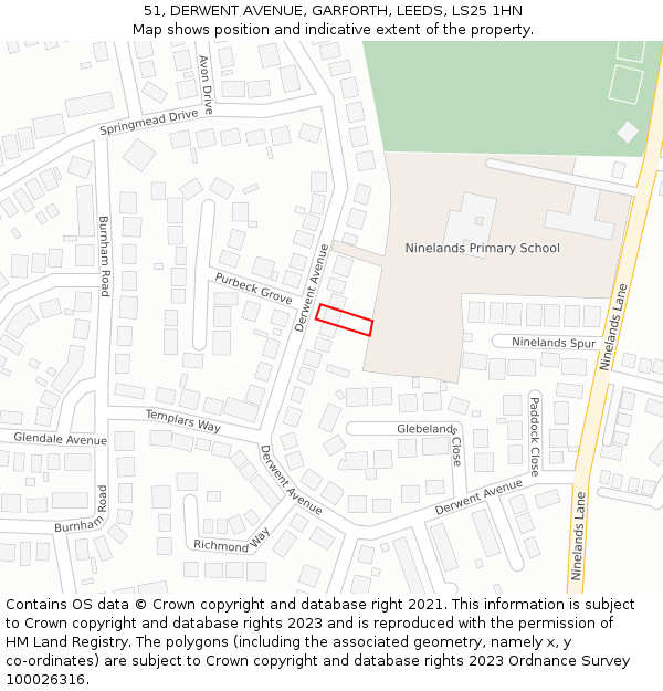 51, DERWENT AVENUE, GARFORTH, LEEDS, LS25 1HN: Location map and indicative extent of plot