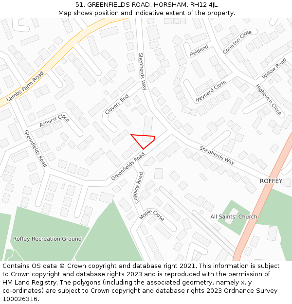 51, GREENFIELDS ROAD, HORSHAM, RH12 4JL: Location map and indicative extent of plot