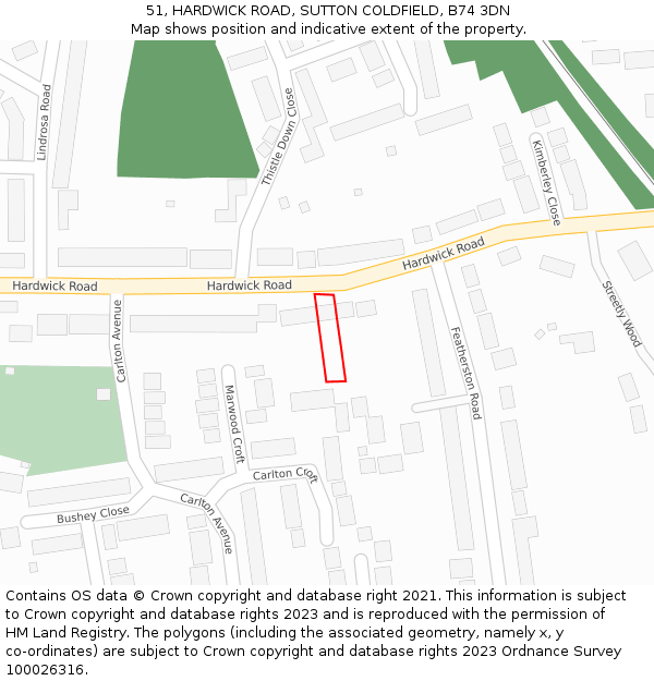 51, HARDWICK ROAD, SUTTON COLDFIELD, B74 3DN: Location map and indicative extent of plot