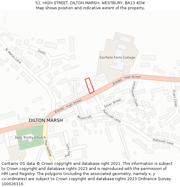 51, HIGH STREET, DILTON MARSH, WESTBURY, BA13 4DW: Location map and indicative extent of plot