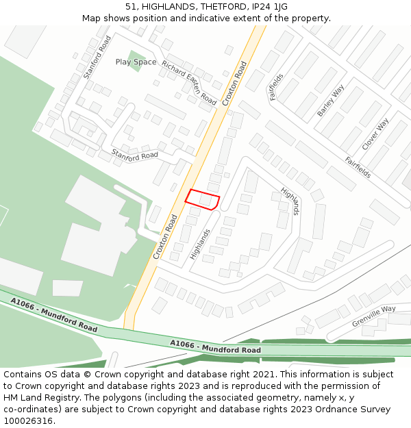 51, HIGHLANDS, THETFORD, IP24 1JG: Location map and indicative extent of plot