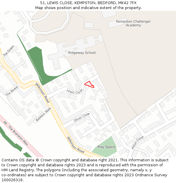 51, LEWIS CLOSE, KEMPSTON, BEDFORD, MK42 7FX: Location map and indicative extent of plot