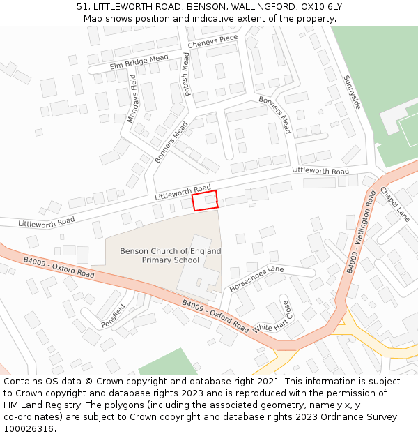 51, LITTLEWORTH ROAD, BENSON, WALLINGFORD, OX10 6LY: Location map and indicative extent of plot