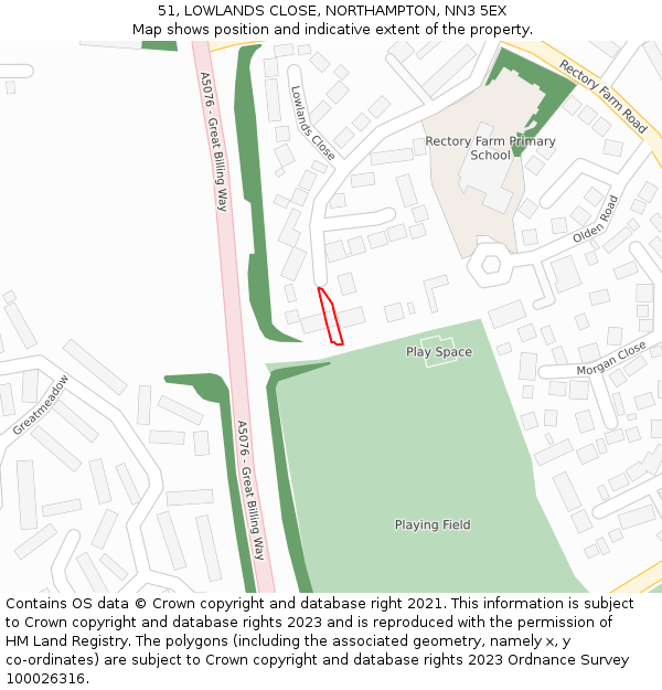 51, LOWLANDS CLOSE, NORTHAMPTON, NN3 5EX: Location map and indicative extent of plot