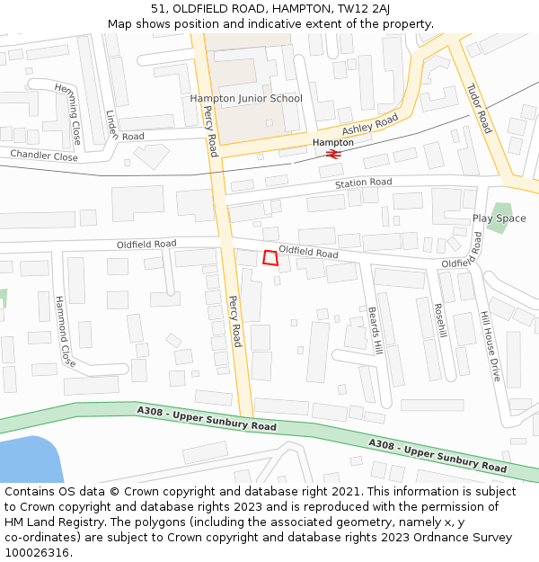 51, OLDFIELD ROAD, HAMPTON, TW12 2AJ: Location map and indicative extent of plot