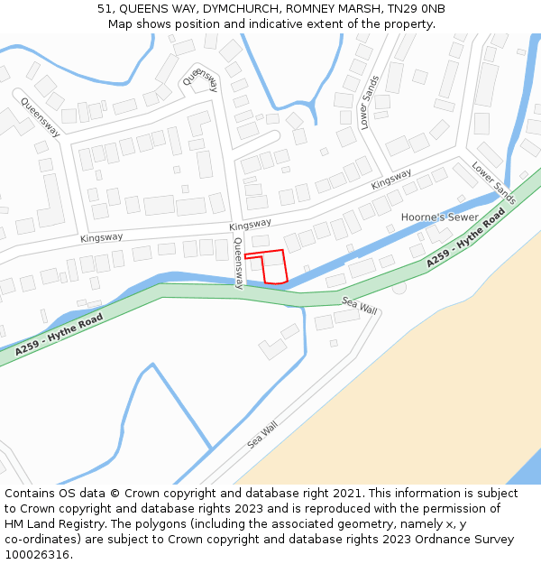 51, QUEENS WAY, DYMCHURCH, ROMNEY MARSH, TN29 0NB: Location map and indicative extent of plot