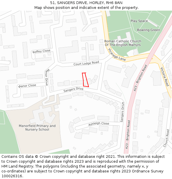 51, SANGERS DRIVE, HORLEY, RH6 8AN: Location map and indicative extent of plot