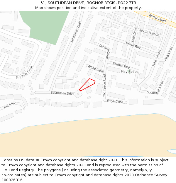 51, SOUTHDEAN DRIVE, BOGNOR REGIS, PO22 7TB: Location map and indicative extent of plot