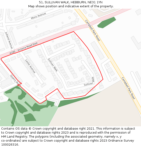 51, SULLIVAN WALK, HEBBURN, NE31 1YN: Location map and indicative extent of plot