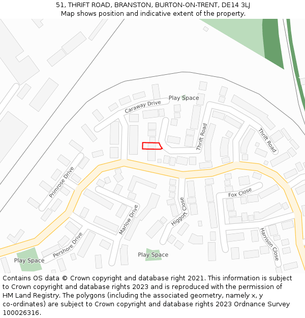 51, THRIFT ROAD, BRANSTON, BURTON-ON-TRENT, DE14 3LJ: Location map and indicative extent of plot