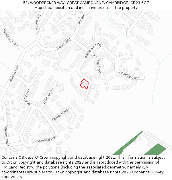 51, WOODPECKER WAY, GREAT CAMBOURNE, CAMBRIDGE, CB23 6GZ: Location map and indicative extent of plot