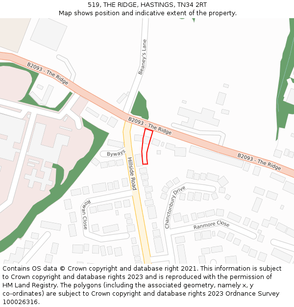519, THE RIDGE, HASTINGS, TN34 2RT: Location map and indicative extent of plot
