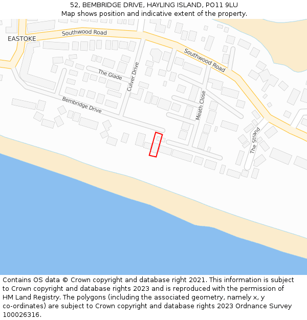 52, BEMBRIDGE DRIVE, HAYLING ISLAND, PO11 9LU: Location map and indicative extent of plot