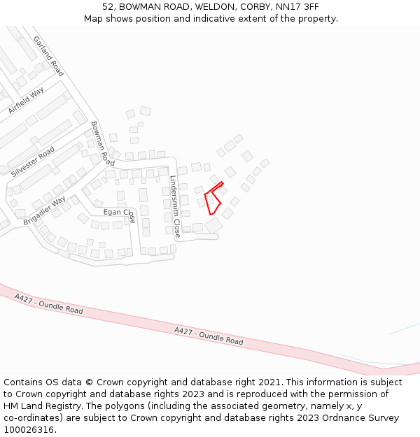 52, BOWMAN ROAD, WELDON, CORBY, NN17 3FF: Location map and indicative extent of plot