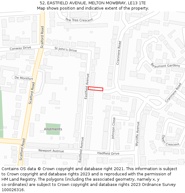 52, EASTFIELD AVENUE, MELTON MOWBRAY, LE13 1TE: Location map and indicative extent of plot