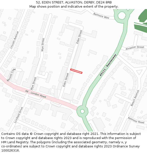 52, EDEN STREET, ALVASTON, DERBY, DE24 8RB: Location map and indicative extent of plot