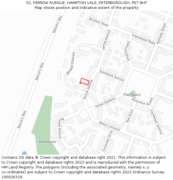 52, FARROW AVENUE, HAMPTON VALE, PETERBOROUGH, PE7 8HT: Location map and indicative extent of plot