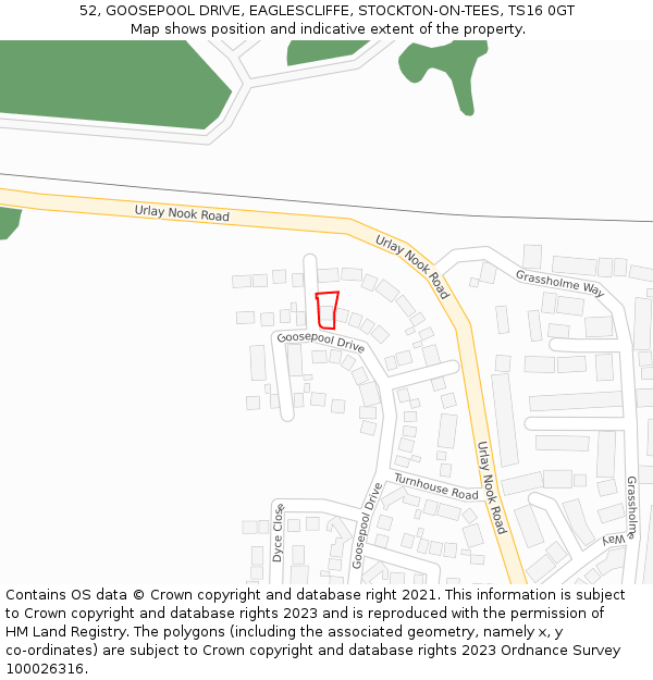 52, GOOSEPOOL DRIVE, EAGLESCLIFFE, STOCKTON-ON-TEES, TS16 0GT: Location map and indicative extent of plot