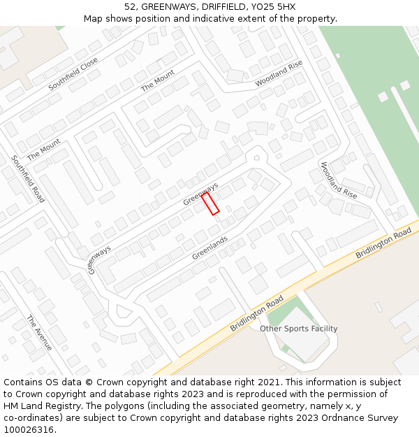 52, GREENWAYS, DRIFFIELD, YO25 5HX: Location map and indicative extent of plot