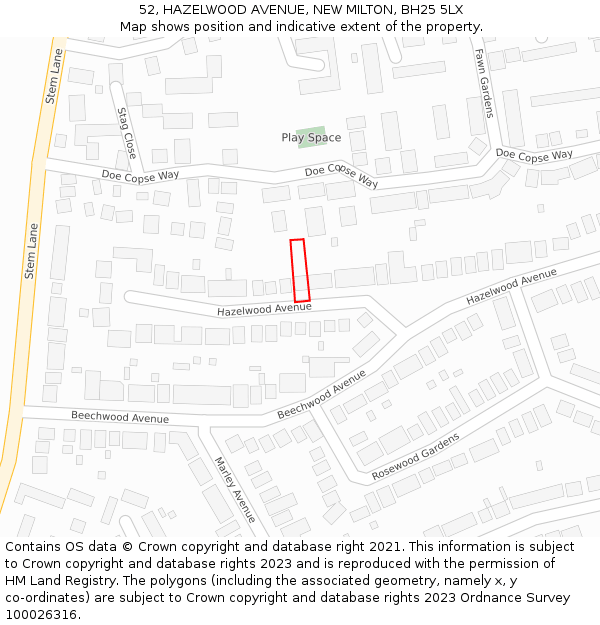 52, HAZELWOOD AVENUE, NEW MILTON, BH25 5LX: Location map and indicative extent of plot