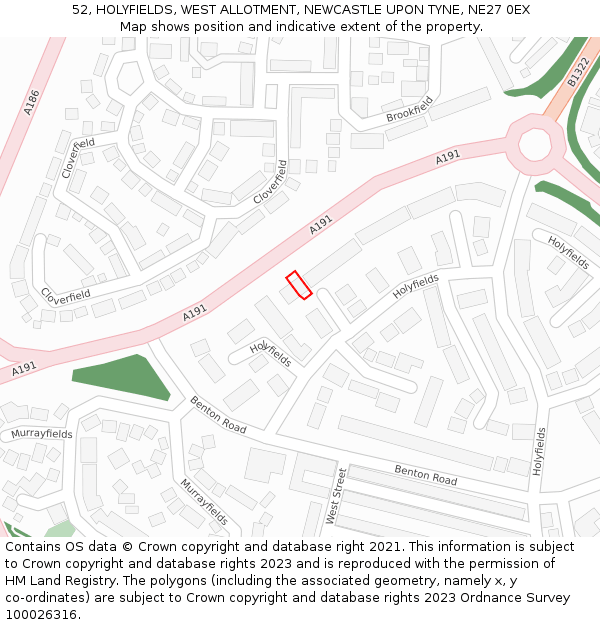 52, HOLYFIELDS, WEST ALLOTMENT, NEWCASTLE UPON TYNE, NE27 0EX: Location map and indicative extent of plot