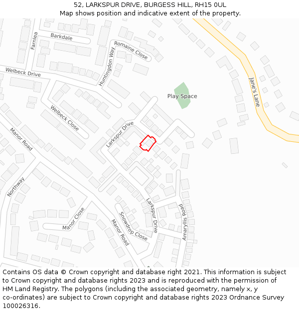 52, LARKSPUR DRIVE, BURGESS HILL, RH15 0UL: Location map and indicative extent of plot