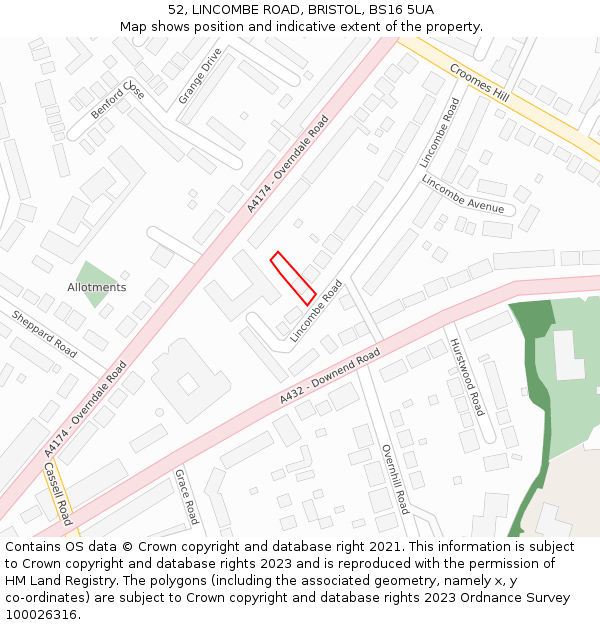 52, LINCOMBE ROAD, BRISTOL, BS16 5UA: Location map and indicative extent of plot