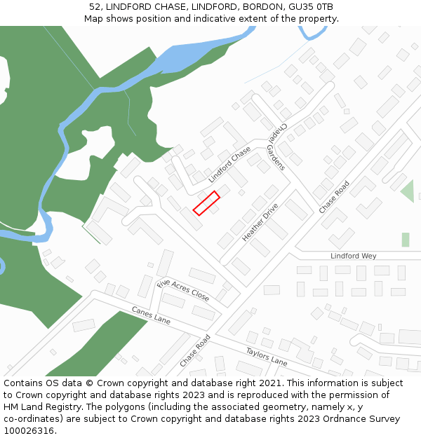 52, LINDFORD CHASE, LINDFORD, BORDON, GU35 0TB: Location map and indicative extent of plot