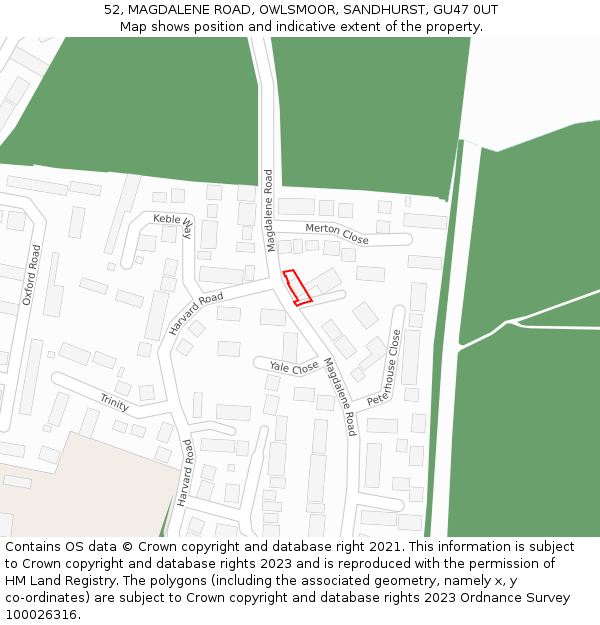 52, MAGDALENE ROAD, OWLSMOOR, SANDHURST, GU47 0UT: Location map and indicative extent of plot