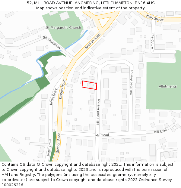 52, MILL ROAD AVENUE, ANGMERING, LITTLEHAMPTON, BN16 4HS: Location map and indicative extent of plot