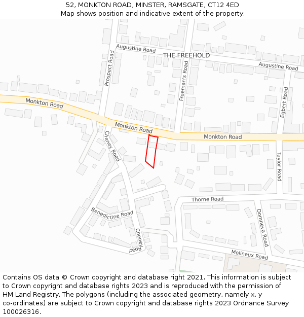 52, MONKTON ROAD, MINSTER, RAMSGATE, CT12 4ED: Location map and indicative extent of plot