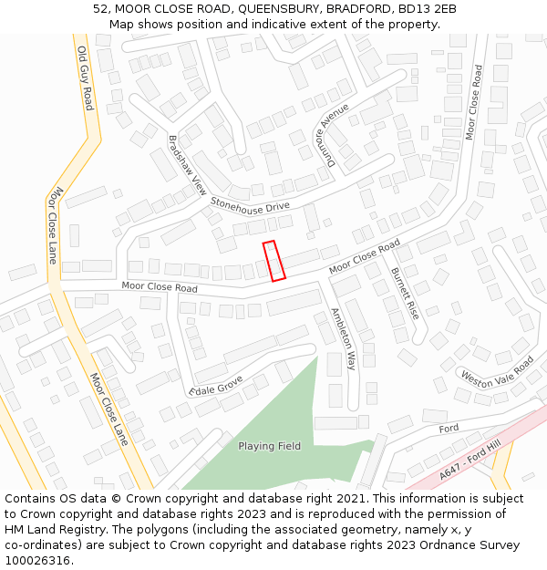 52, MOOR CLOSE ROAD, QUEENSBURY, BRADFORD, BD13 2EB: Location map and indicative extent of plot