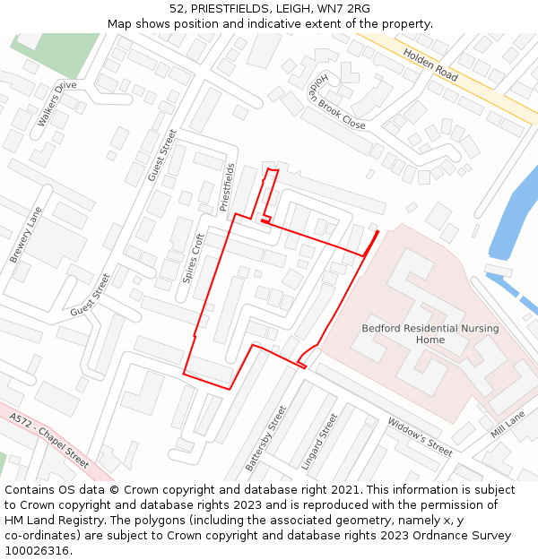 52, PRIESTFIELDS, LEIGH, WN7 2RG: Location map and indicative extent of plot