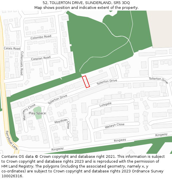 52, TOLLERTON DRIVE, SUNDERLAND, SR5 3DQ: Location map and indicative extent of plot