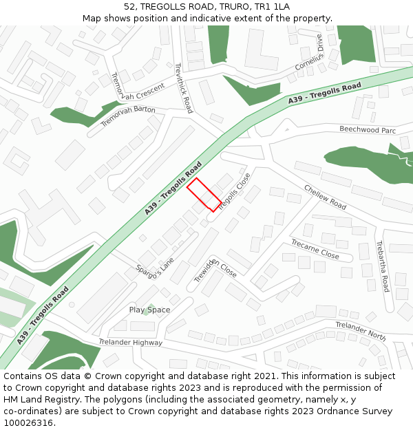 52, TREGOLLS ROAD, TRURO, TR1 1LA: Location map and indicative extent of plot