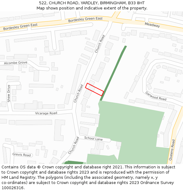 522, CHURCH ROAD, YARDLEY, BIRMINGHAM, B33 8HT: Location map and indicative extent of plot