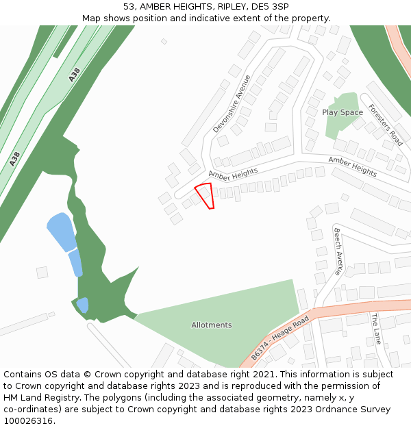 53, AMBER HEIGHTS, RIPLEY, DE5 3SP: Location map and indicative extent of plot