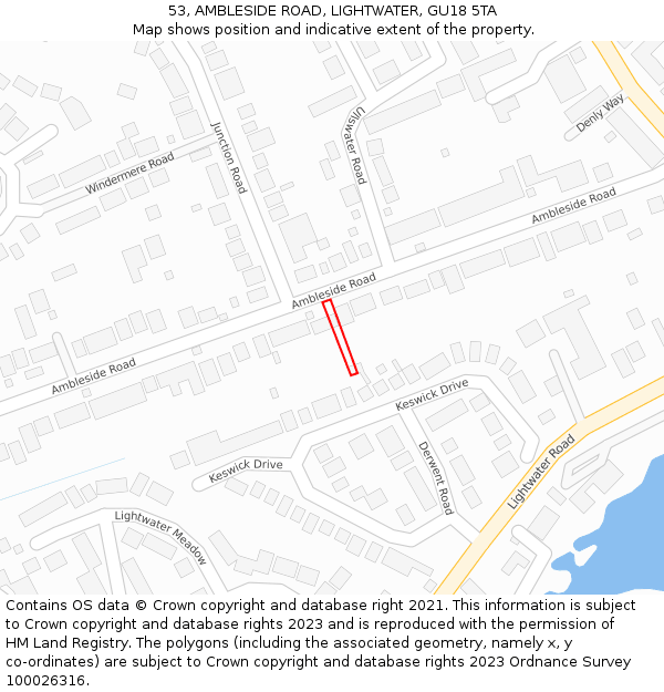 53, AMBLESIDE ROAD, LIGHTWATER, GU18 5TA: Location map and indicative extent of plot
