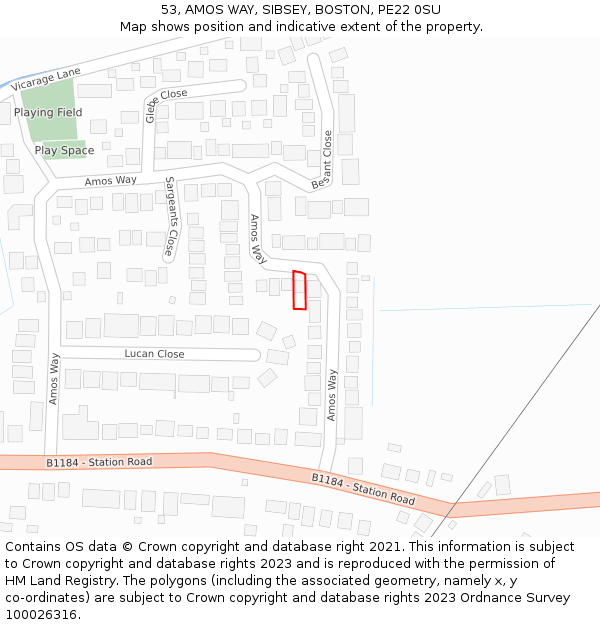 53, AMOS WAY, SIBSEY, BOSTON, PE22 0SU: Location map and indicative extent of plot