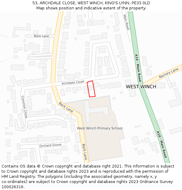 53, ARCHDALE CLOSE, WEST WINCH, KING'S LYNN, PE33 0LD: Location map and indicative extent of plot