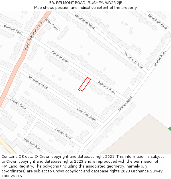 53, BELMONT ROAD, BUSHEY, WD23 2JR: Location map and indicative extent of plot